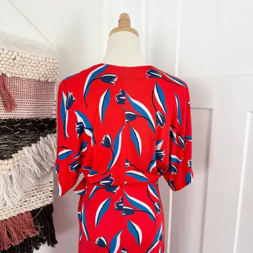 Whistles Tulip Floral Wrap Maxi Dress Red Sz 4 Short Sleeve Stretch Jersey