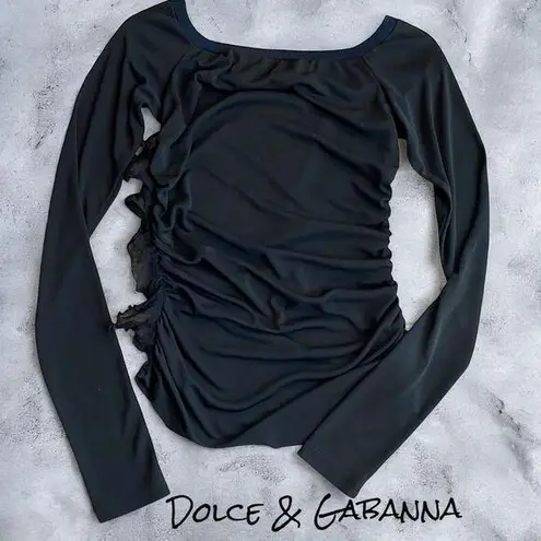 Dolce & Gabbana Y2K Long Sleeve Ruffle Side Top Black Semi Sheer Going Out Shirt
