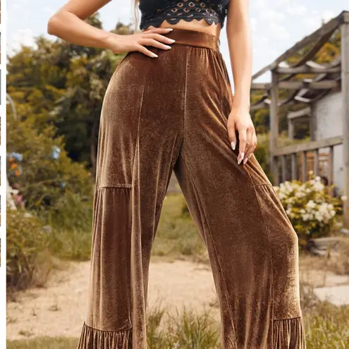 Womens Brown Velvet Tiered High Rise Wide Leg Pants sz medium waist 28.3"