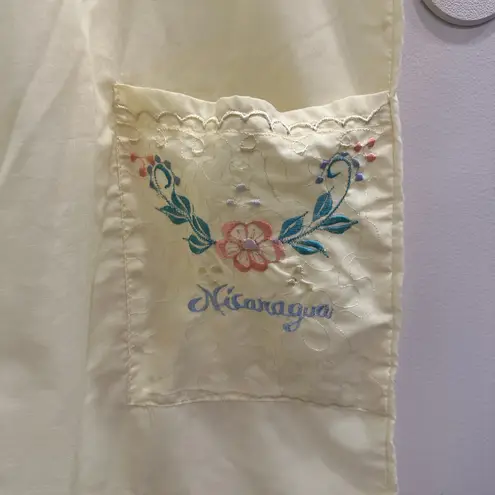 None VTG Handmade Butter Yellow Embroidered Floral Hispanic House Dress Boho Cottage