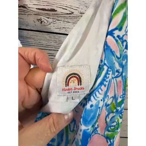 Women's Kinder Smocks Blue Pink Floral Ruffle Tank Top L Size L