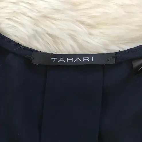 Tahari Navy Sleeveless V-Neck Blouse Tank Top Black Crochet Trim Size Small