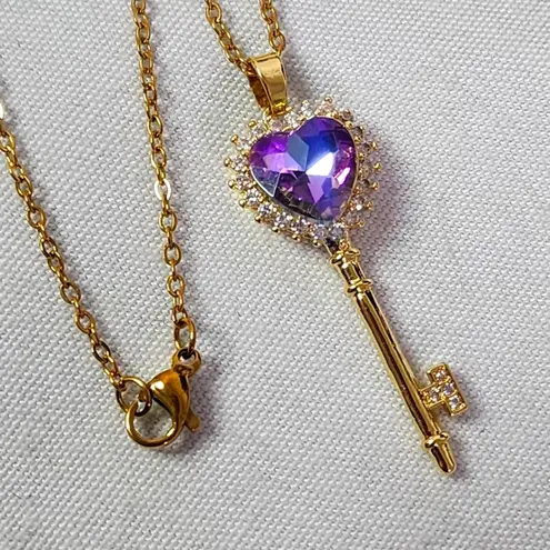 Gold Chain Necklace with AB CZ Purple Heart Key Pendant
