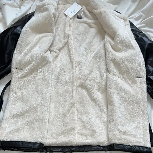 Pascale La Mode faux leather wrap jacket black w/white faux fur lining Size L Size L