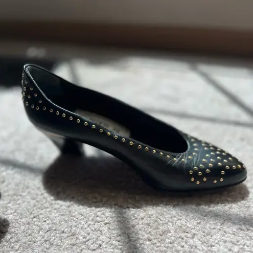 Vintage Italian Black Leather Studded Heels | 80s Minimal Chic Size 5.5 EU 35.5