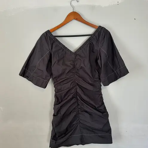 Ganni Cotton Black Ruched Dress 38 Medium Contrast Stitch