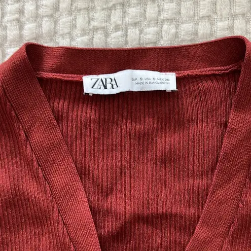 ZARA  Copper Red Ribbed Knit Cropped Cardigan Small