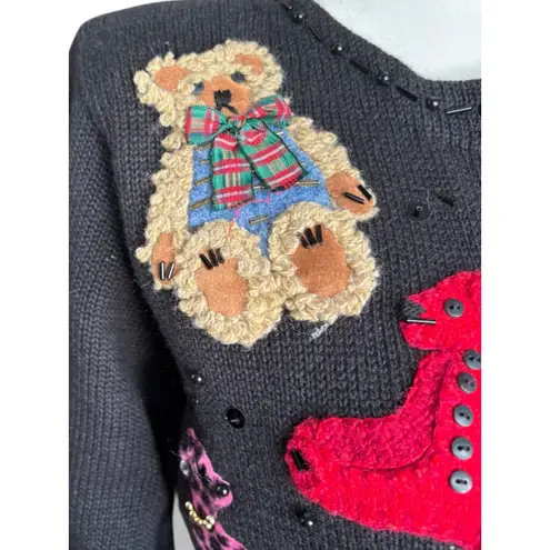Vintage Susan Bristol Teddy Bear Applique Black Knit Cardigan Sweater Petite Size undefined