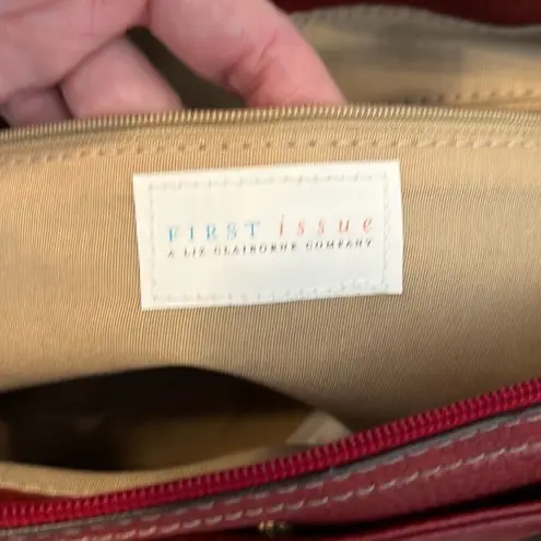 NWT First Issue red pebbled faux leather bag 1 inside & outside pocket zip close