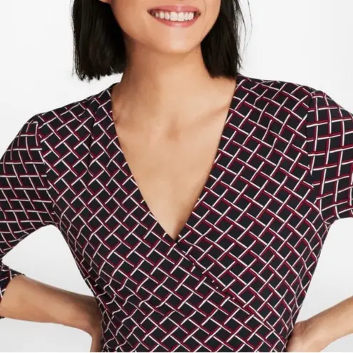 Brooks Brothers Navy & Red Diamond Geometric Long Sleeve Wrap Front Dress Small