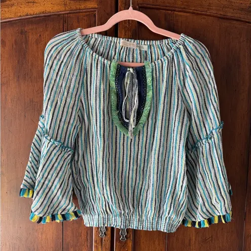 Ramy Brook | Green and White Stripe Bell Sleeve Crop Blouse | XS