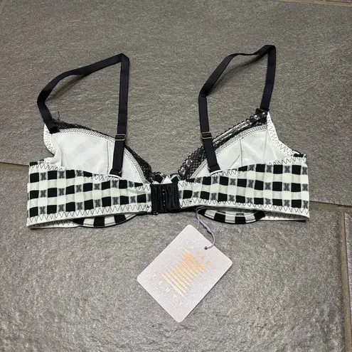 Savage X Fenty Gingham Unlined Plunge Bra Black White Plaid Checked 32C Fishnet Size undefined