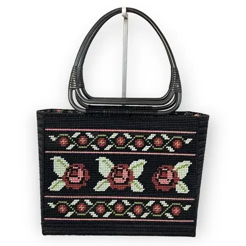 VINTAGE Handmade Needlepoint Rose Tote Bag Black Pink Green Grandma Granny