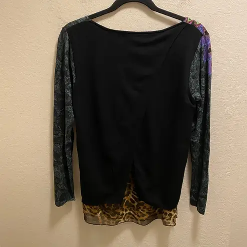 Desigual Artsy Mixed Media Animal Print Long Sleeve Layered Blouse Size M