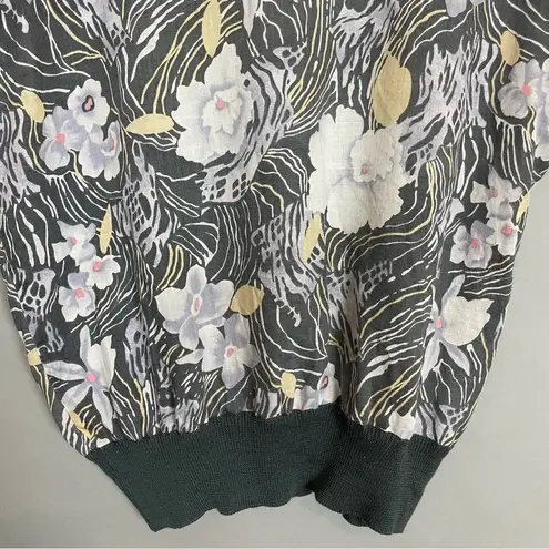 Vintage Floral Top Gray Tropical Ribbing Lightweight Short Sleeve Slouchy Flower