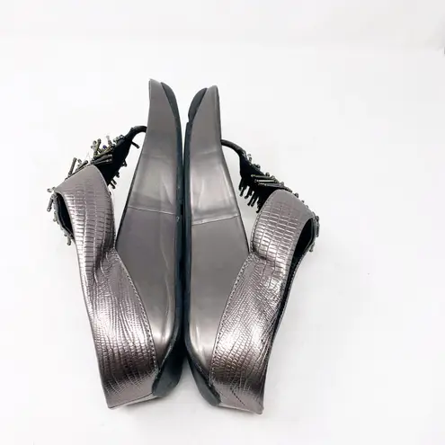 FitFlop Rumba Size 7 Pewter Silver Metallic Leather Beaded Fringe Sandal Wedge