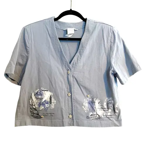Vintage Nina Piccalino Beach Scene Short Sleeve Top Starfish Buttons Size 8 Blue