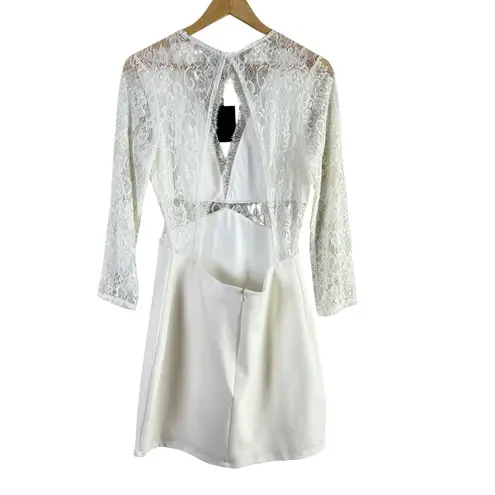 NBD NWT  x Revolve White Lace Long Sleeve Open Back Mini Dress, Size Large