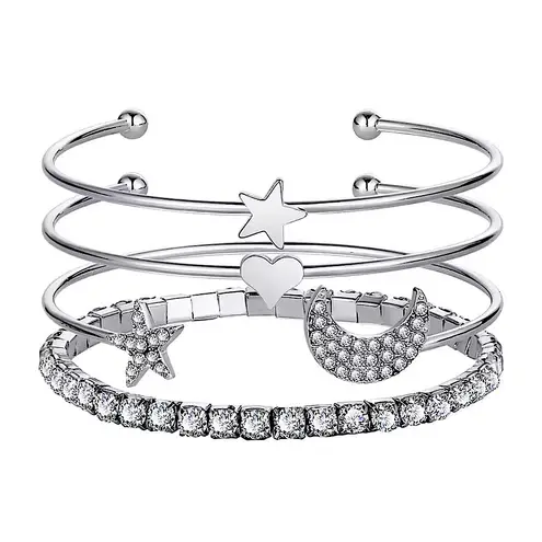 Boutique Silver Bangle Bracelet Set Crystal Star Moon Heart Charm Stackable Jewelry