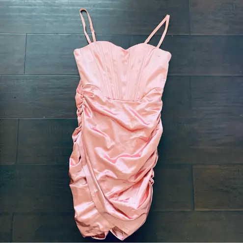 NWT LINJOU Rose Pink Satin/Silk Sweetheart Corset Ruched Wrap Bodycon Dress | L Size L