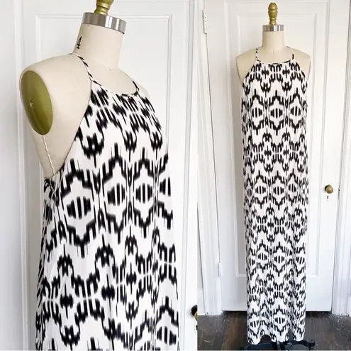Marie France Van Damme • silk halter maxi dress cream black silk ikat print Size 14