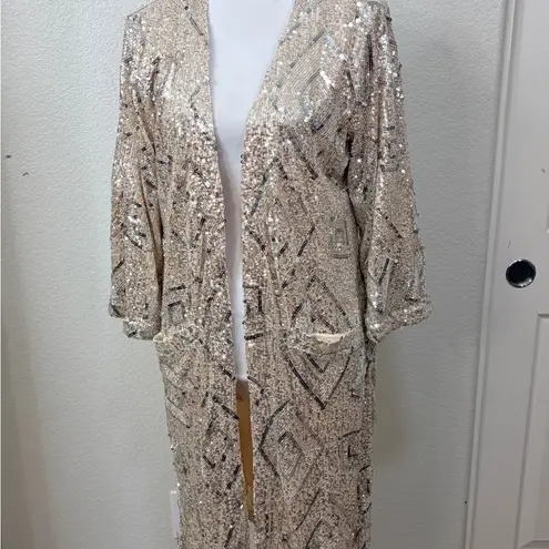 Skies Are Blue Silver Sequin Kimono Overcoat Coverup Trench Coat M/L Glitz Glam