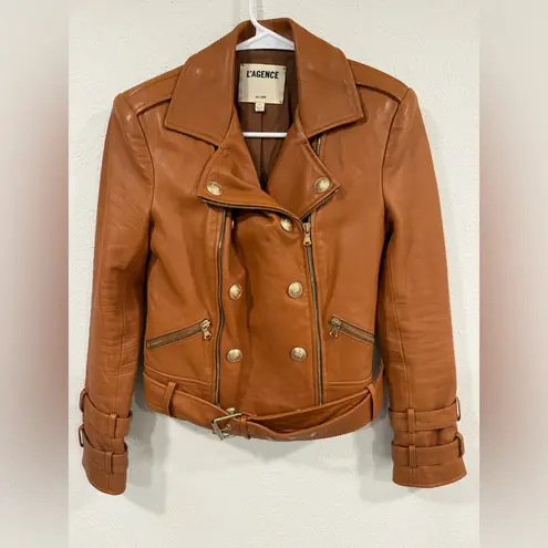 L'Agence Billie Belted Cognac Leather Jacket - Size XS