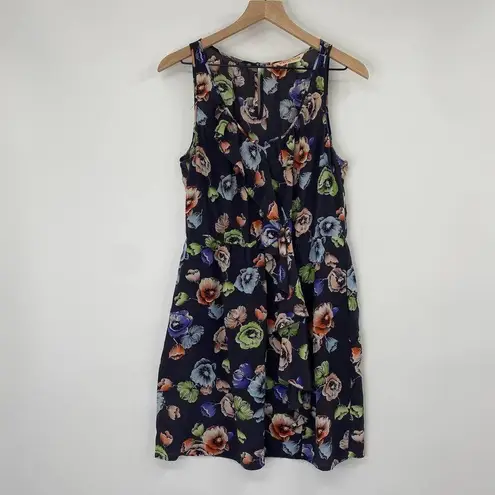 Rebecca Taylor Fit & Flare Dress Silk Sheer Navy Floral Print Sleeveless Women 8