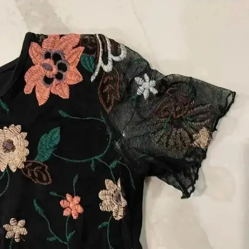 Como vintage Sheer Black Floral Embroidered Top Women's XS Mesh Front Sexy Cute
