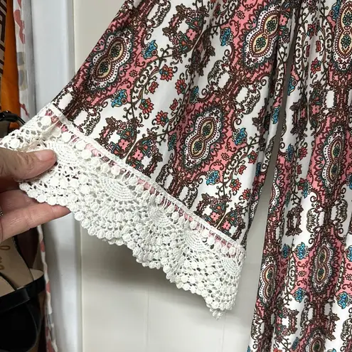 Allison Brittney Pink and Blue Sheath Midi Dress 3/4 Embroidered Sleeves