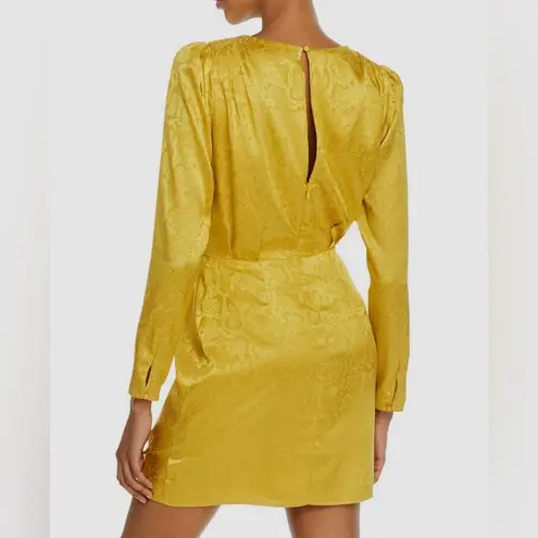 WAYF Yellow Gold Snake Print Long Sleeve Mini Dress Ruched Low Cut Large New