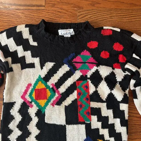 IZOD Vintage 80s Hand Knit Geometric Crewneck Sweater Shoulder Pads Size Small