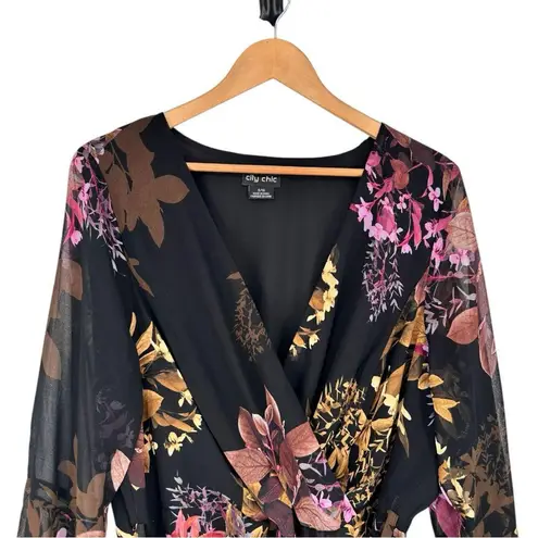 City Chic Malaga Floral Mini Dress in Black size S/16 Bell Sleeve Faux Wrap