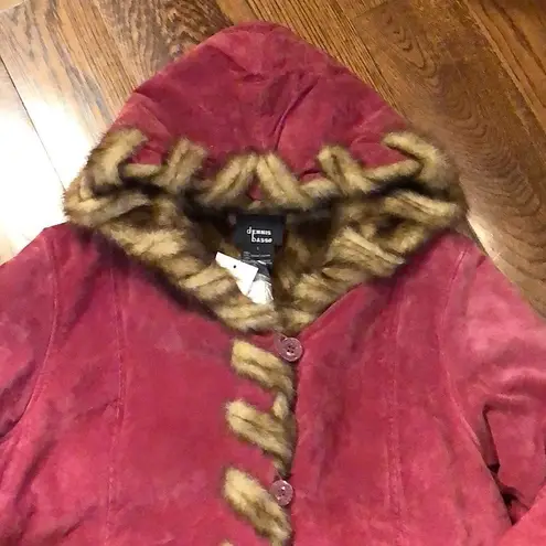 Dennis Basso Long Line Suede Hooded Pea Coat w Faux Fur Lining Dusky Red Sz L