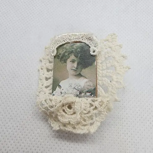 Handmade Crocheted Lace & Vintage Portrait Brooch Gray