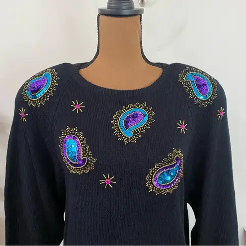 Vintage Sweet Baby Jane black sequins paisley embellished knit maxi dress sz L Size L