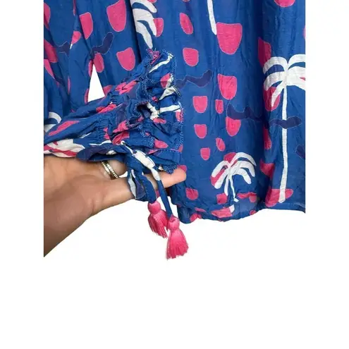 Oliphant Palm Tree Cotton Silk Blend Blouse Sz. S Blue