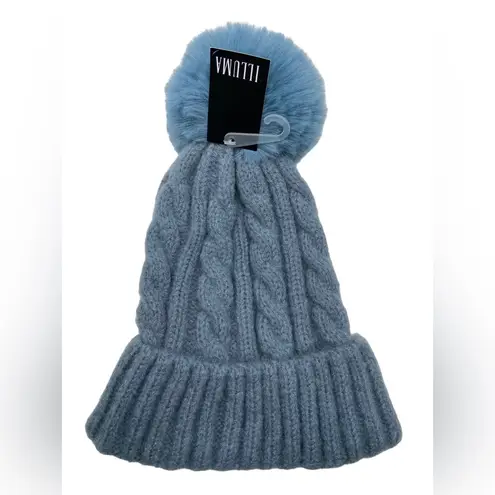 ILLUMA Women’s Blue Cuffed Cable Stitch Faux Fur Pom Pom Beanie Hat NWT