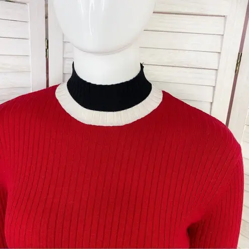 ZARA  Mock Neck Ribbed Knit Pullover Shirt Red Black Small Long Sleeve