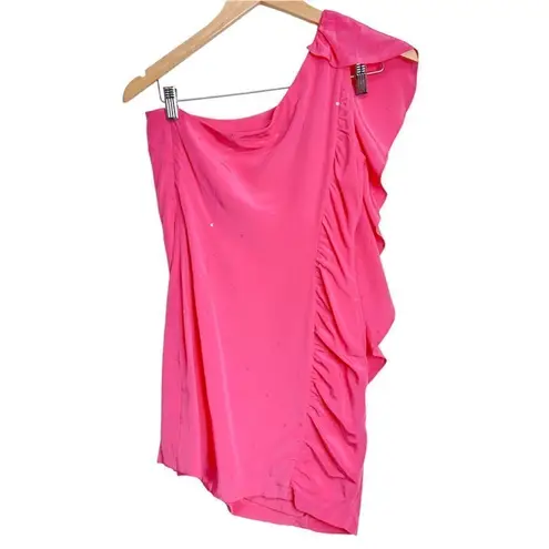 Madison Marcus One Shoulder Silk Pink Ruffle Mini Sequin Detailed Dress Size XS