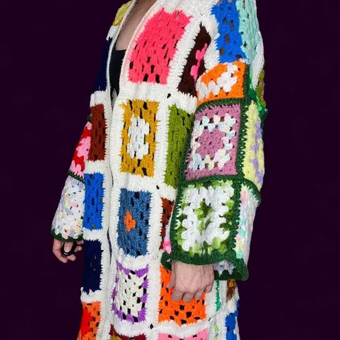 Vintage Handmade Colorful Granny Square Crochet Hippie Open Cardigan Multiple