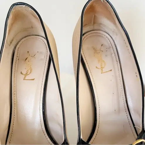 YSL • Tribute 105 Pump canvas leopard Mary Jane heels patent leather platform Tan Size 7.5