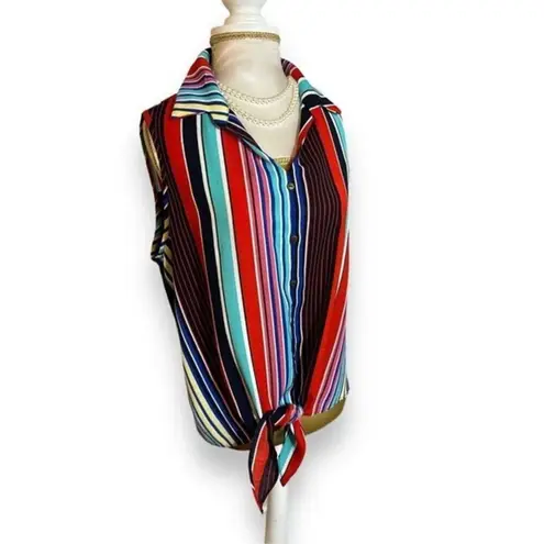 Perseption Womens Blue Striped Sleeveless Collared VNeck Button Top sz L Beachy Size L