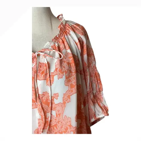 Current Air Shirt Women Large Orange White Floral Ruffle Tie Neck Blouse Boho