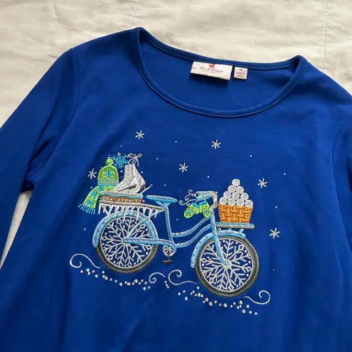 Blue Quacker Factory blue 3/4 length sleeve tee wintery bicycle design Size XS