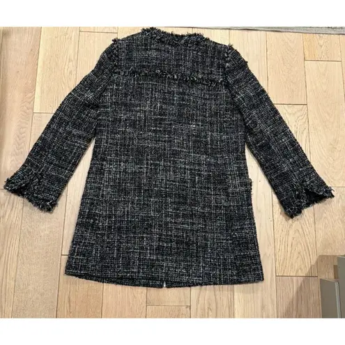 Size 6 J.Crew Tweed Swing Lady Coat Black Wool Blend Fringe Trim Coat MSRP $198