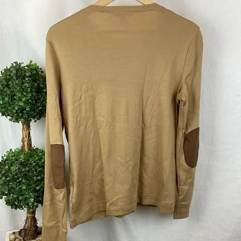 Ralph Lauren  Tan Long Sleeve Cotton Leather Trim Tee T Shirt L