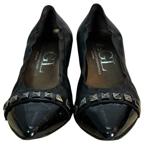 AGL Black Leather Chunky Heel Studded Pointed Cap Toe Heels Size 37.5 (US 7)