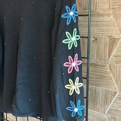 Vintage PBJ Sport Womens Cardigan Large Black Embroidered Floral Bead Button Up