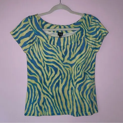 Rafaella Boxy Shirt S Funky Zebra Print Green Blue Short Sleeve Modest Neckline